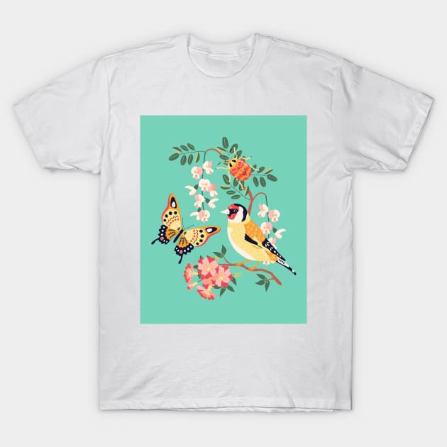 Goldfinch and Butterfly T-Shirt by nadyabasos